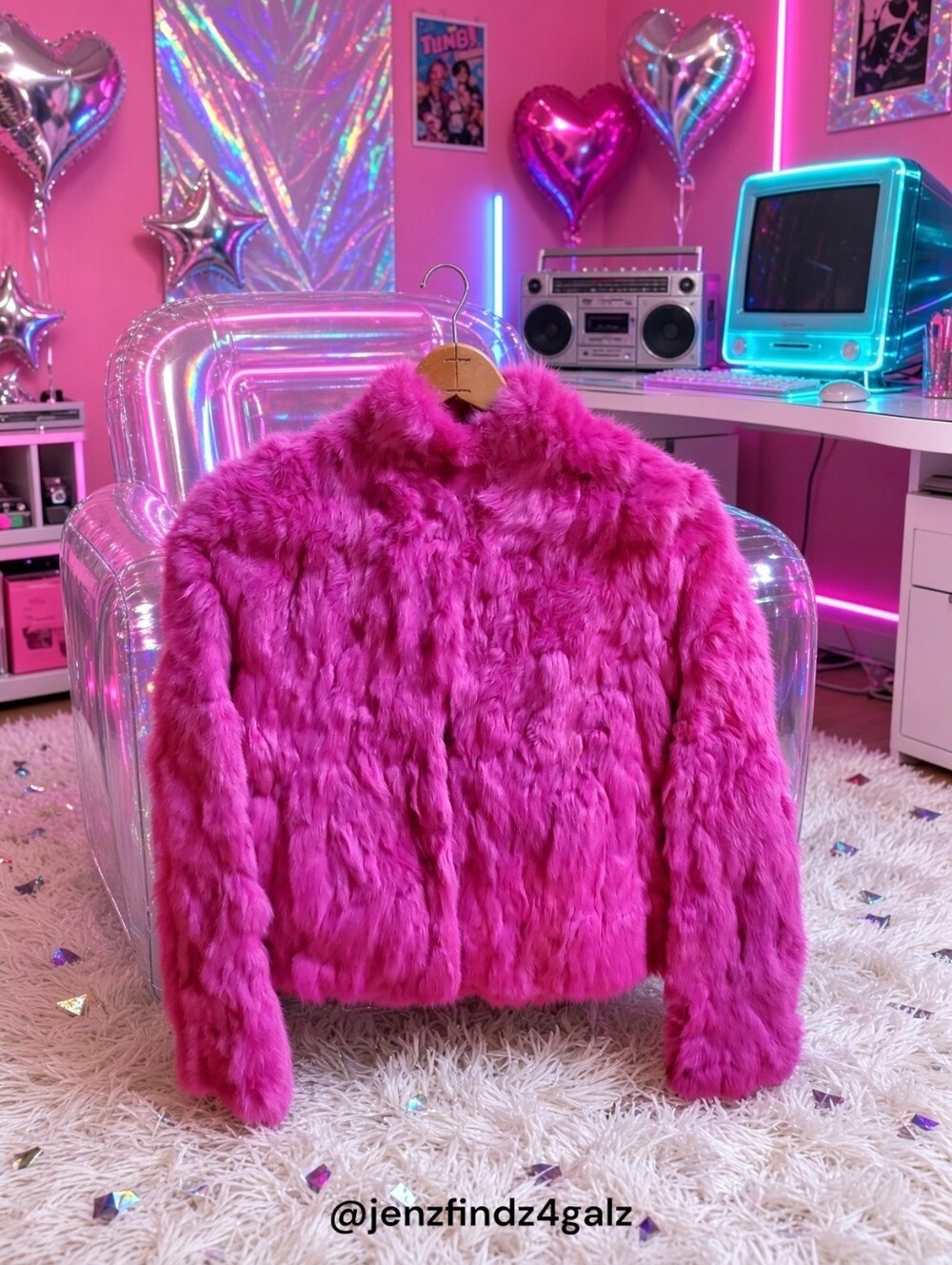 Vintage 1996 Wilsons Maxima Hot Pink Genuine Rabbit Fur Jacket Small Rare Y2K